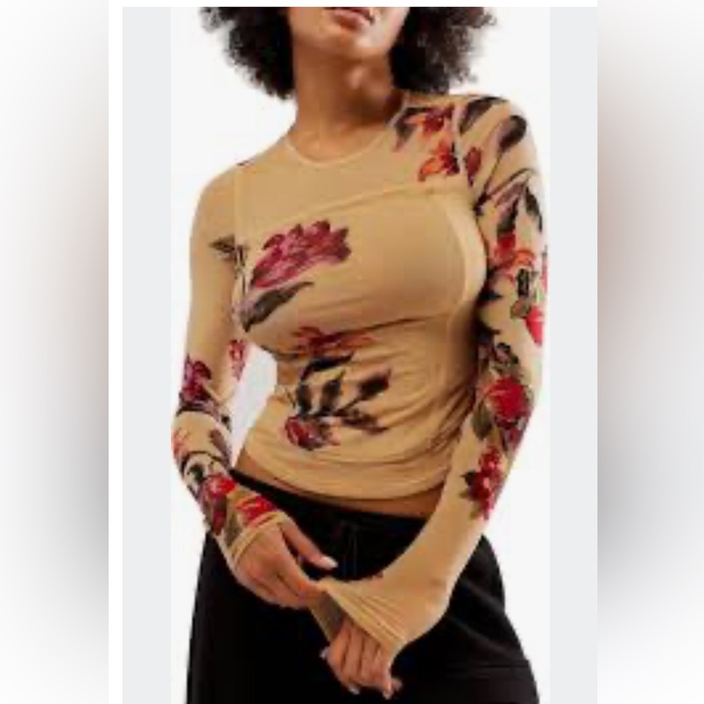 Free People Tan Floral Long Sleeve Bodysuit